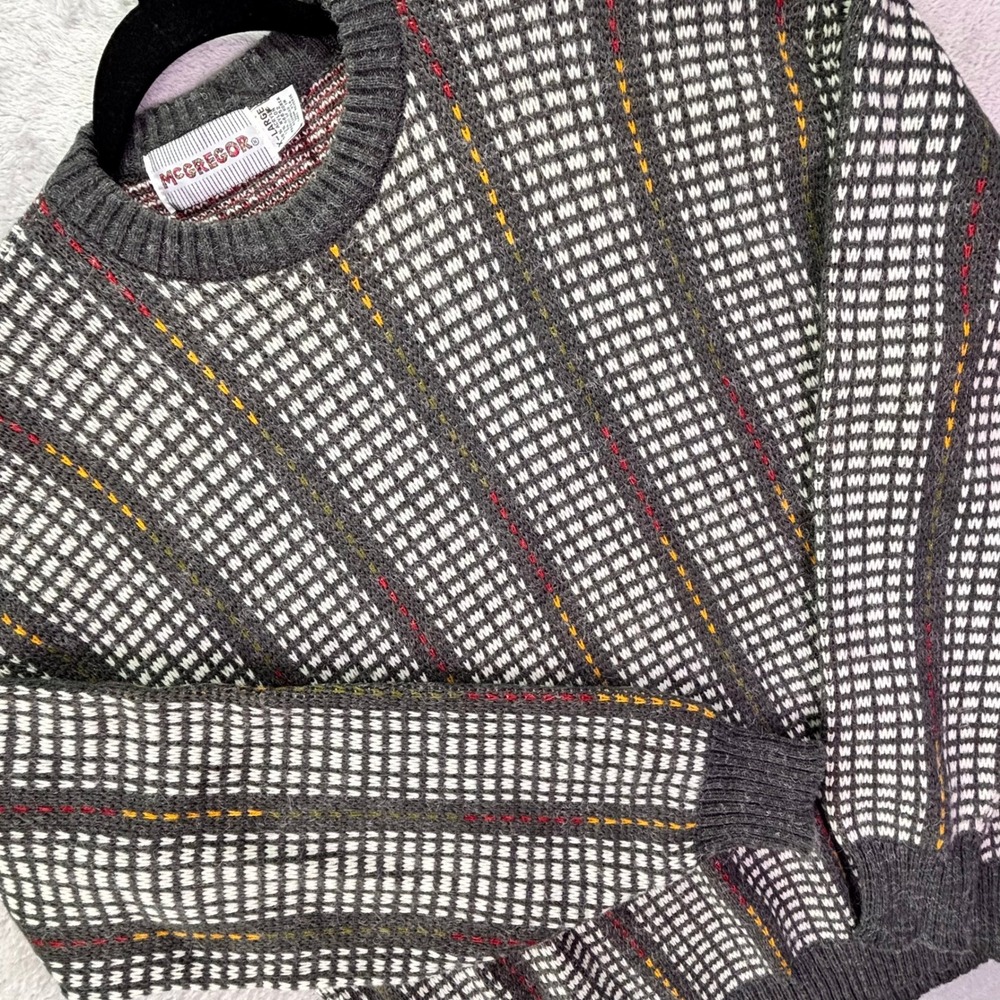Vintage McGregor Mens Sweater Size XL Gray Geometric Striped Knit Crewneck